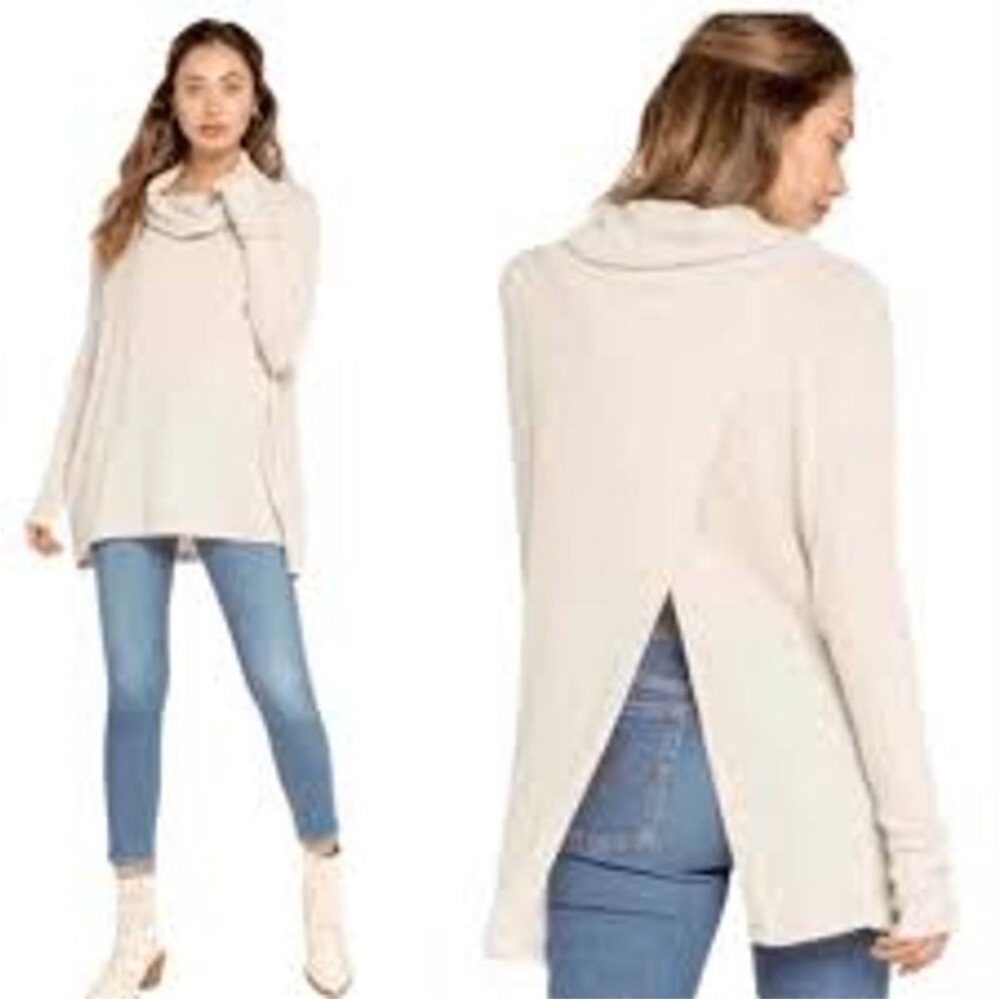 Free People Juicy Waffle Knit Top Cowl Neck Stone Cold